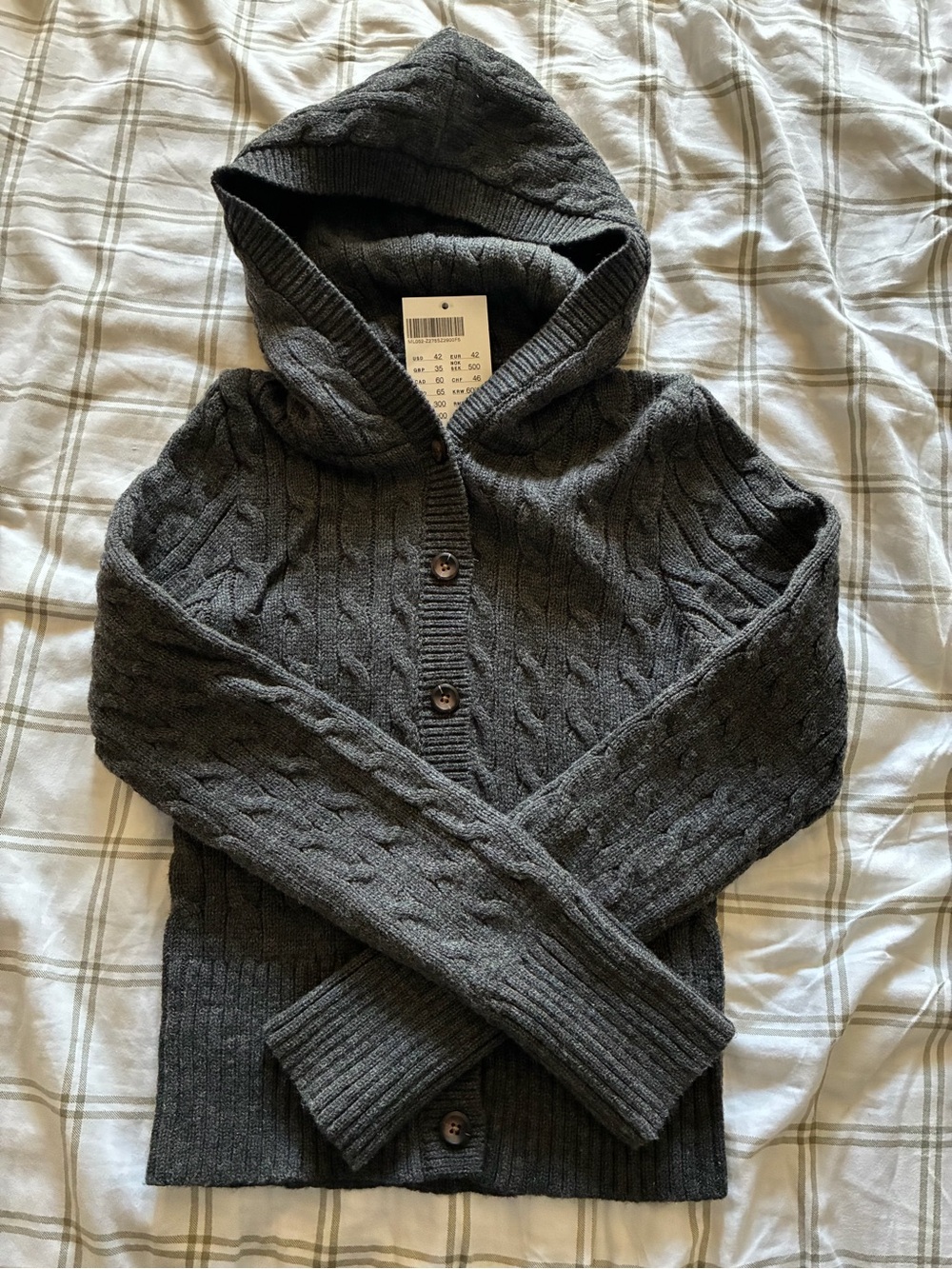 /Gray Cable Knit Hooded Cardigan